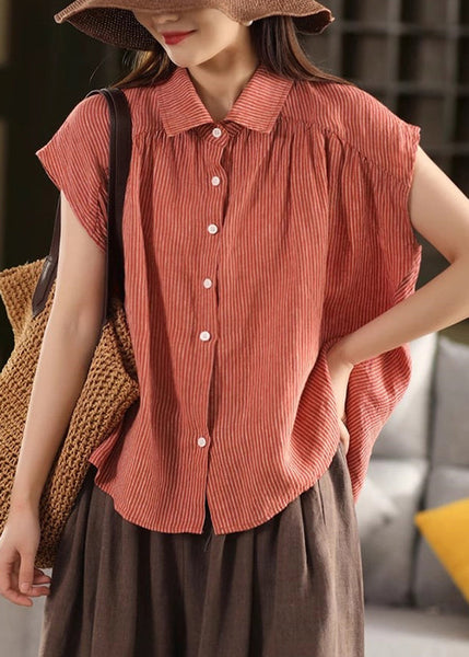 Summer Pan Blouses Collar Striped Button Orange Linen Peter FashionChic