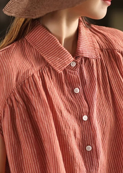 Summer Pan Blouses Collar Striped Button Orange Linen Peter FashionChic
