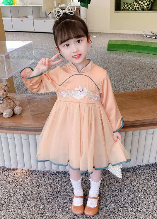 Orange Zippered Tulle Patchwork Cotton Girls Dress Stand Collar Fall XZ019 FALL-MM-RCTZ-FDGL240618