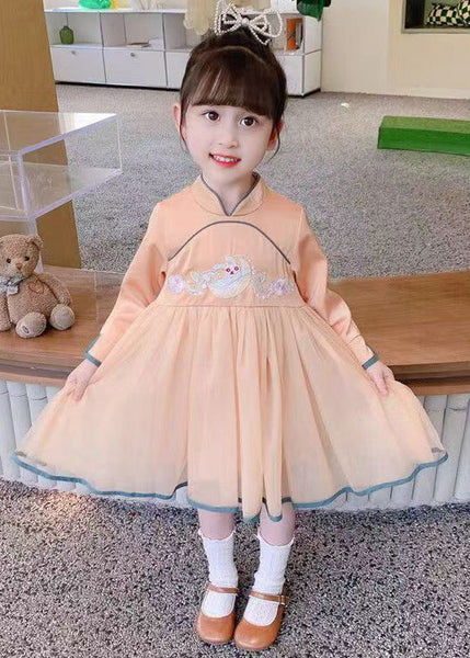 Orange Zippered Tulle Patchwork Cotton Girls Dress Stand Collar Fall XZ019 FALL-MM-RCTZ-FDGL240618