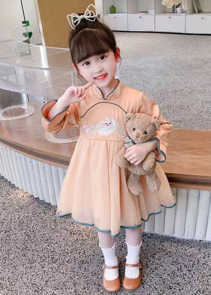 Orange Zippered Tulle Patchwork Cotton Girls Dress Stand Collar Fall XZ019 FALL-MM-RCTZ-FDGL240618