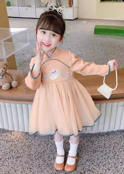 Orange Zippered Tulle Patchwork Cotton Girls Dress Stand Collar Fall XZ019 FALL-MM-RCTZ-FDGL240618