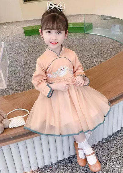 Orange Zippered Tulle Patchwork Cotton Girls Dress Stand Collar Fall XZ019 FALL-MM-RCTZ-FDGL240618
