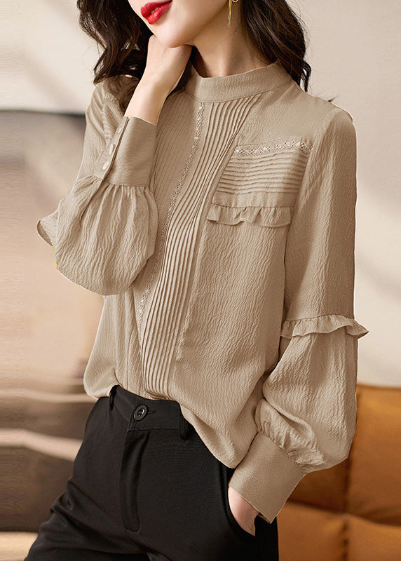 Organic Silk Collar Apricot Spring Top Patchwork Stand Ruffled FashionChic