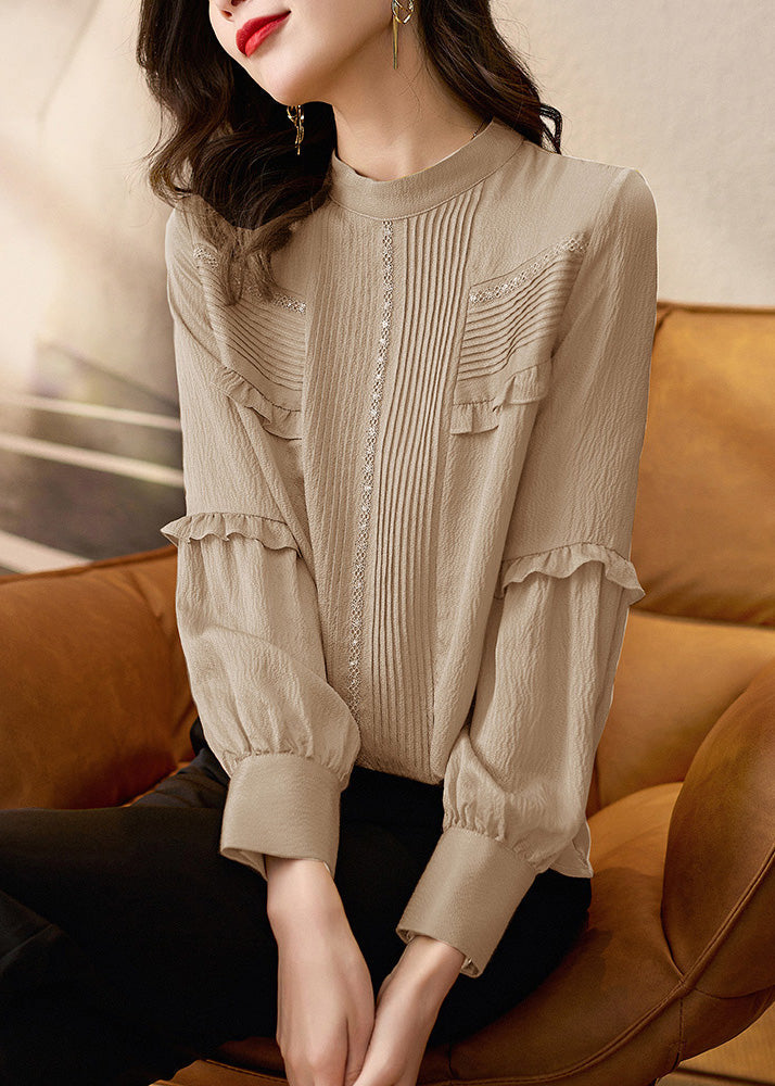 Organic Silk Collar Apricot Spring Top Patchwork Stand Ruffled FashionChic