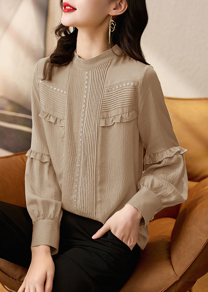 Organic Silk Collar Apricot Spring Top Patchwork Stand Ruffled FashionChic