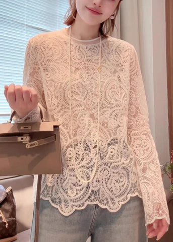 O-Neck Out Lace Hollow Beige Shirt T Spring Organic FashionChic