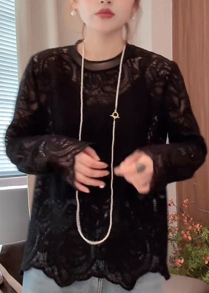 O-Neck Out Lace Hollow Beige Shirt T Spring Organic FashionChic