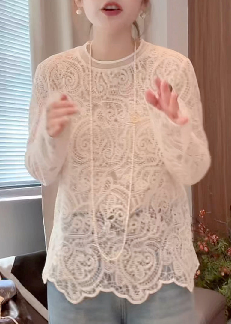 O-Neck Out Lace Hollow Beige Shirt T Spring Organic FashionChic