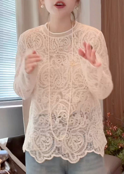 O-Neck Out Lace Hollow Beige Shirt T Spring Organic FashionChic