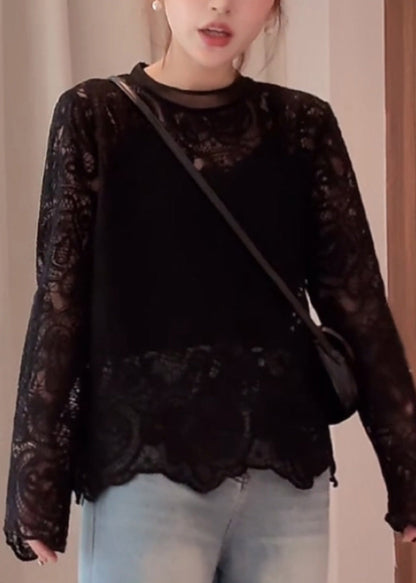 O-Neck Out Lace Hollow Beige Shirt T Spring Organic FashionChic