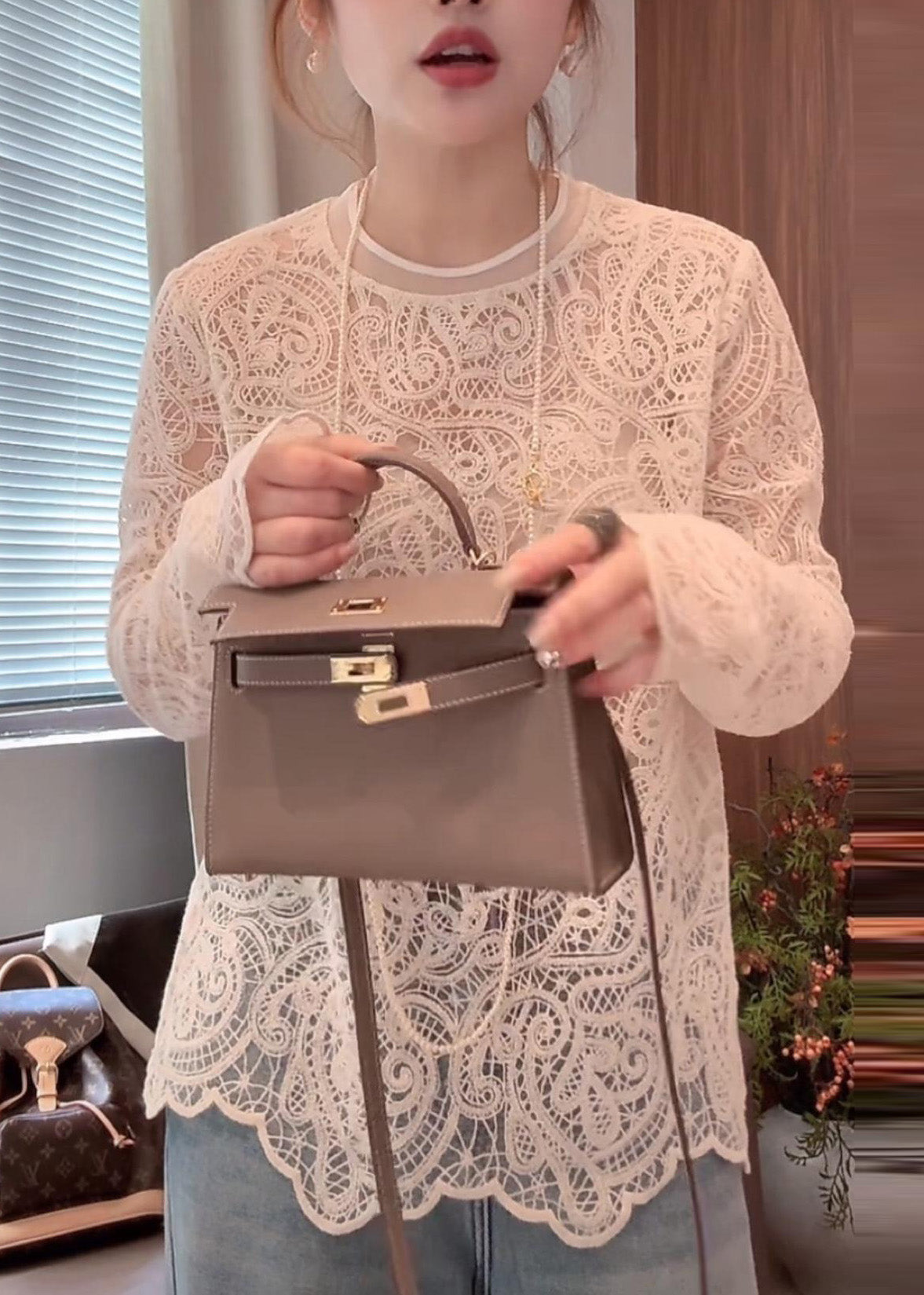 O-Neck Out Lace Hollow Beige Shirt T Spring Organic FashionChic