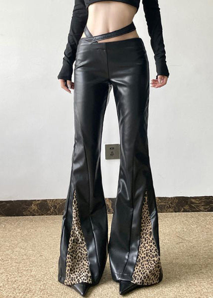 Organic Black Asymmetrical Patchwork Leopard Faux Leather Flare Bottoms Spring YP032 ABC