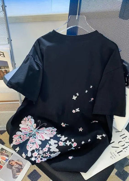 Shirts T Butterfly Organic Black Embroideried Men Summer Cotton FashionChic