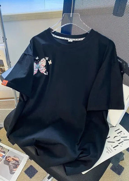 Shirts T Butterfly Organic Black Embroideried Men Summer Cotton FashionChic