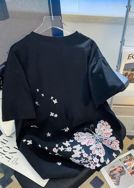 Shirts T Butterfly Organic Black Embroideried Men Summer Cotton FashionChic