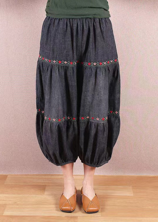 Organic Black Grey Embroidered Patchwork Denim Lantern Trousers Summer BV042 MZF-CPTS240702