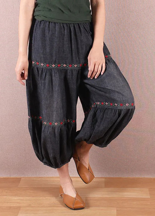 Organic Black Grey Embroidered Patchwork Denim Lantern Trousers Summer BV042 MZF-CPTS240702