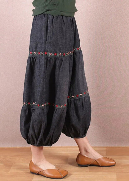 Organic Black Grey Embroidered Patchwork Denim Lantern Trousers Summer BV042 MZF-CPTS240702