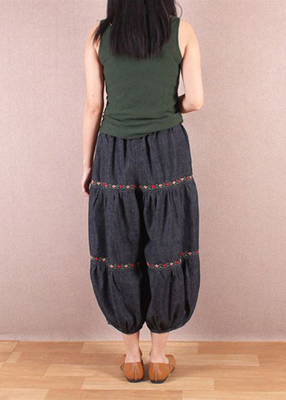 Organic Black Grey Embroidered Patchwork Denim Lantern Trousers Summer BV042 MZF-CPTS240702