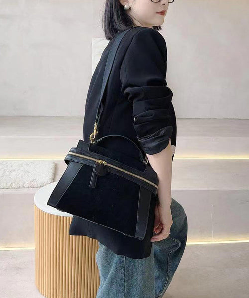 Organic Black Velour Patchwork Faux Leather Tote Handbag UU1088 Bag-BGS240527