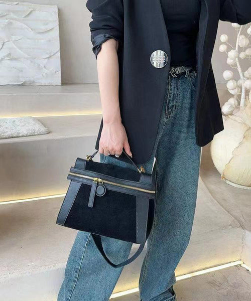 Organic Black Velour Patchwork Faux Leather Tote Handbag UU1088 Bag-BGS240527