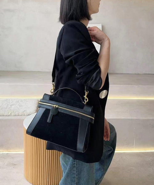 Organic Black Velour Patchwork Faux Leather Tote Handbag UU1088 Bag-BGS240527