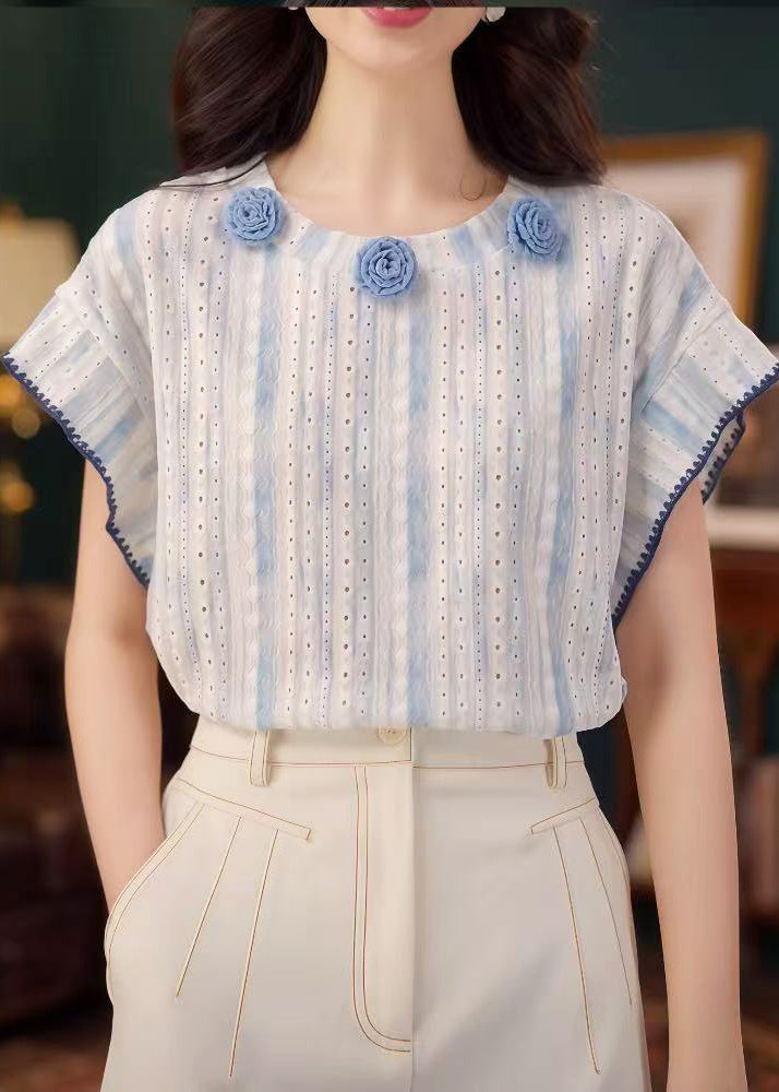 Tanks Summer Out Blue Cotton Organic Hollow Floral Decorated FashionChic