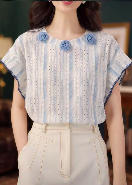 Tanks Summer Out Blue Cotton Organic Hollow Floral Decorated FashionChic