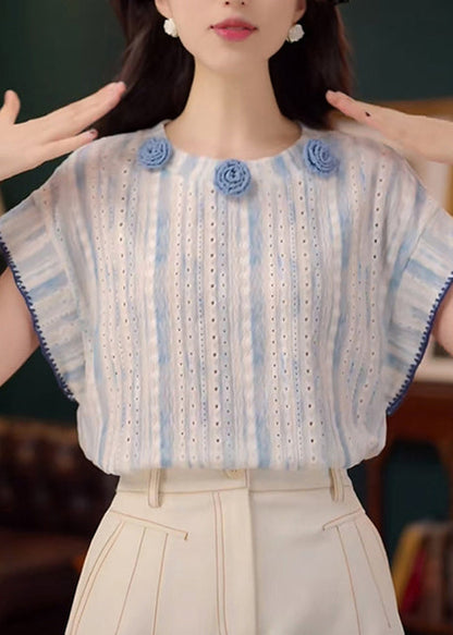 Tanks Summer Out Blue Cotton Organic Hollow Floral Decorated FashionChic