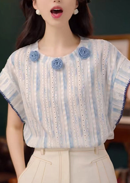 Tanks Summer Out Blue Cotton Organic Hollow Floral Decorated FashionChic