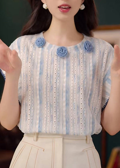 Tanks Summer Out Blue Cotton Organic Hollow Floral Decorated FashionChic