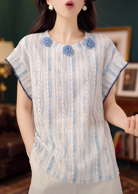 Tanks Summer Out Blue Cotton Organic Hollow Floral Decorated FashionChic