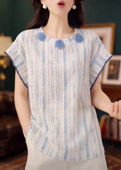 Tanks Summer Out Blue Cotton Organic Hollow Floral Decorated FashionChic