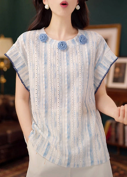 Tanks Summer Out Blue Cotton Organic Hollow Floral Decorated FashionChic