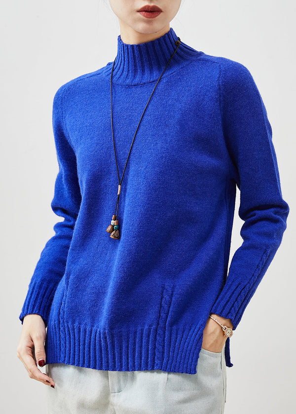 Organic Blue High Neck Side Open Knit Sweater Spring YU1065 Ada Fashion
