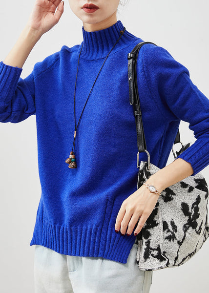 Organic Blue High Neck Side Open Knit Sweater Spring YU1065 Ada Fashion