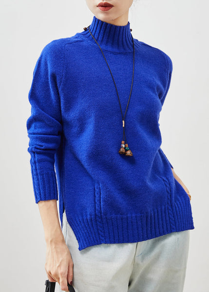 Organic Blue High Neck Side Open Knit Sweater Spring YU1065 Ada Fashion