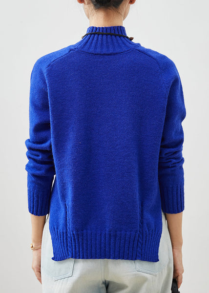 Organic Blue High Neck Side Open Knit Sweater Spring YU1065 Ada Fashion