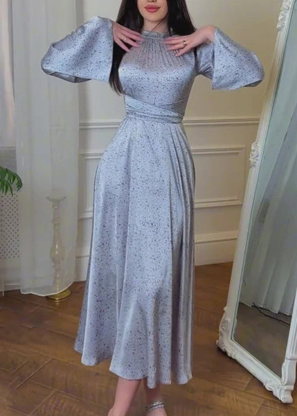 Organic Blue Lace Up Print Silk Maxi Dresses Fall QL035 OM-ZS241023