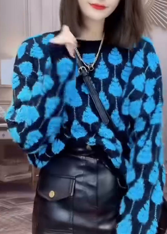 Organic Blue O-Neck Patchwork Thick Cotton Knit Sweater Winter RK010 ABC