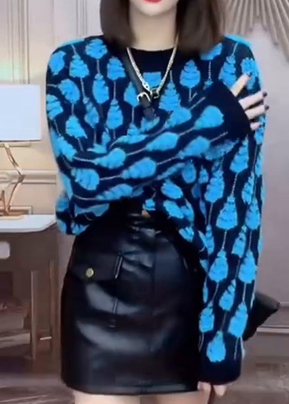 Organic Blue O-Neck Patchwork Thick Cotton Knit Sweater Winter RK010 ABC