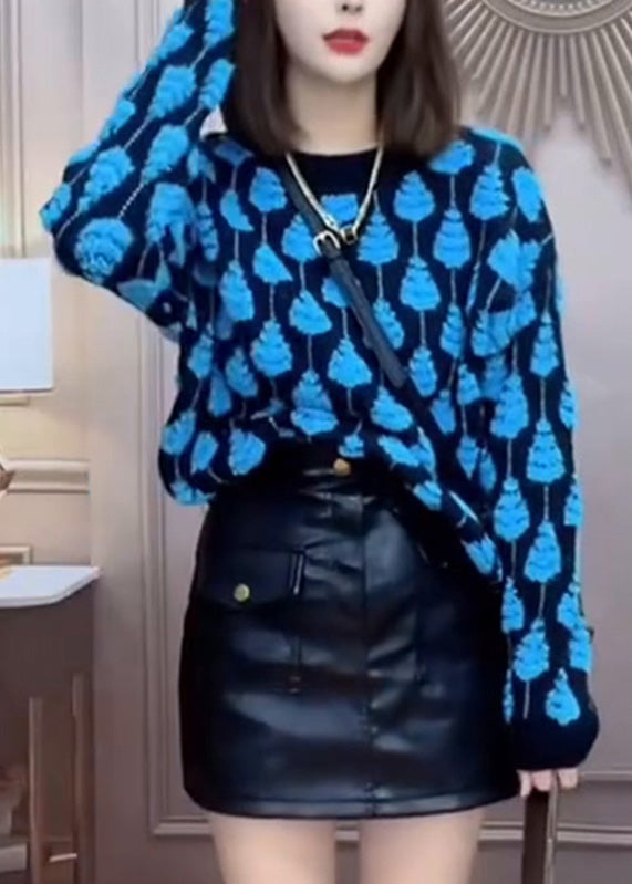 Organic Blue O-Neck Patchwork Thick Cotton Knit Sweater Winter RK010 ABC