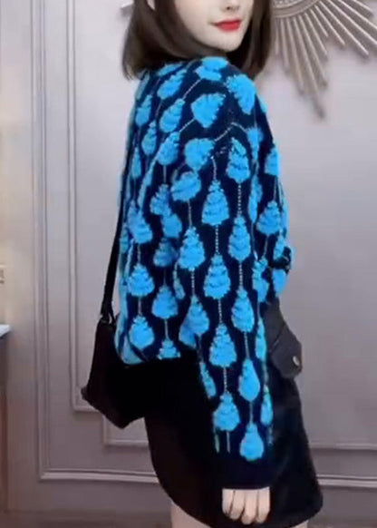 Organic Blue O-Neck Patchwork Thick Cotton Knit Sweater Winter RK010 ABC