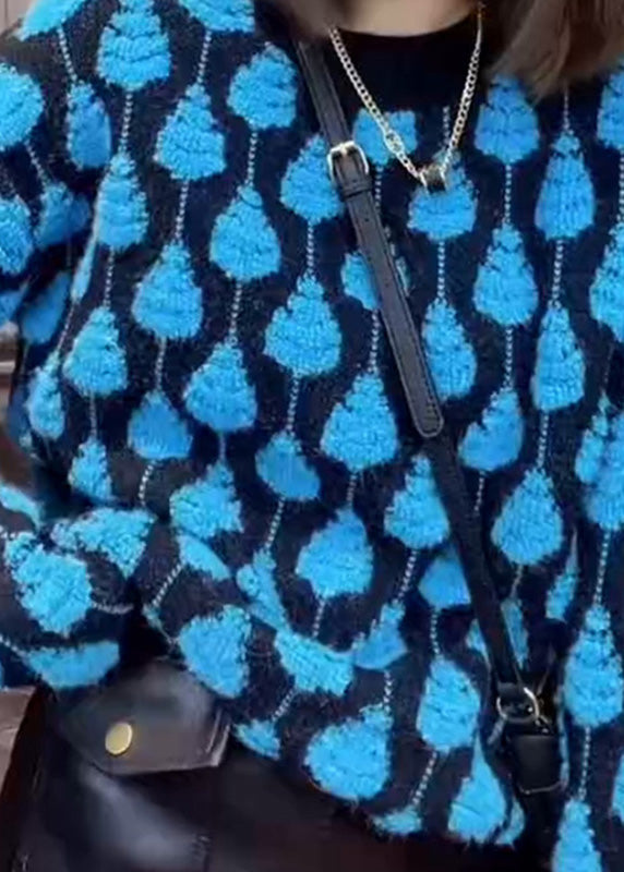 Organic Blue O-Neck Patchwork Thick Cotton Knit Sweater Winter RK010 ABC