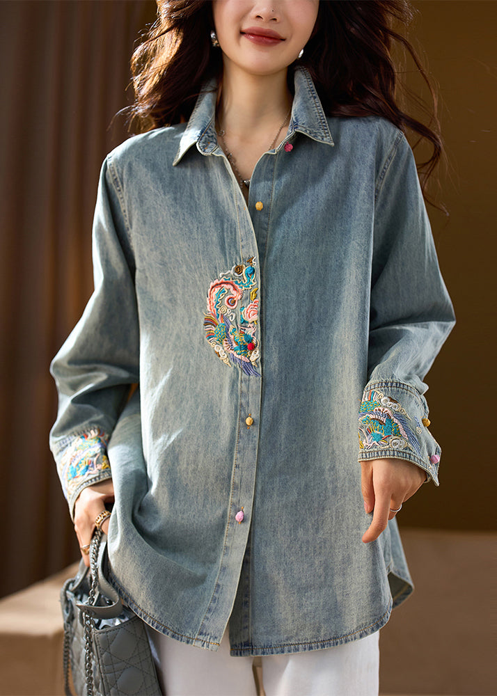 Organic Blue Peter Pan Collar Embroidered Denim Coat Top Fall AC1011 Genistyle Shop