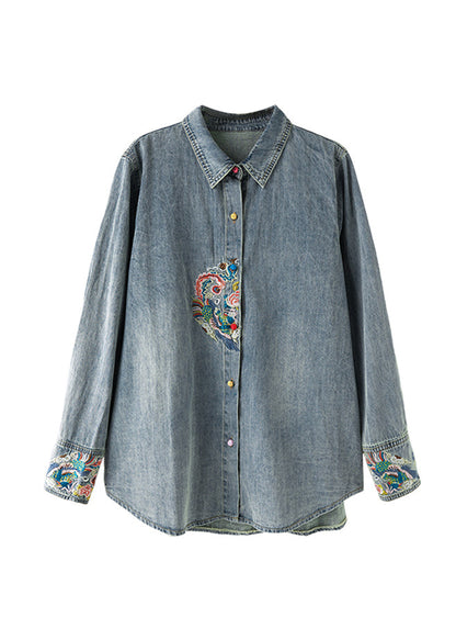 Organic Blue Peter Pan Collar Embroidered Denim Coat Top Fall AC1011 Genistyle Shop