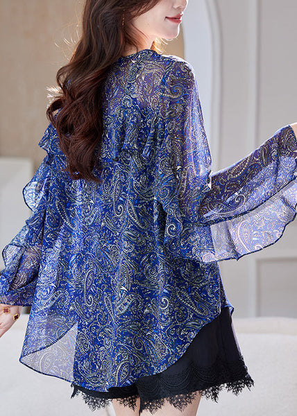 Summer Ruffled Patchwork Organic Blue Blouses Chiffon Print FashionChic
