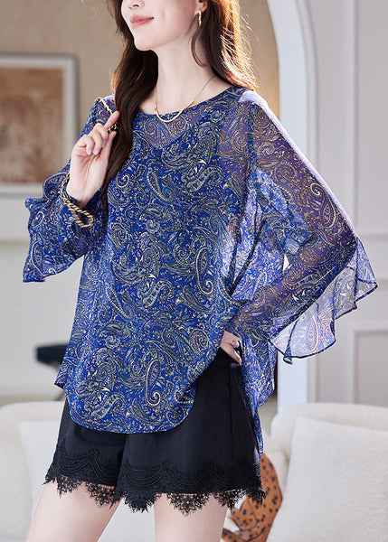 Summer Ruffled Patchwork Organic Blue Blouses Chiffon Print FashionChic