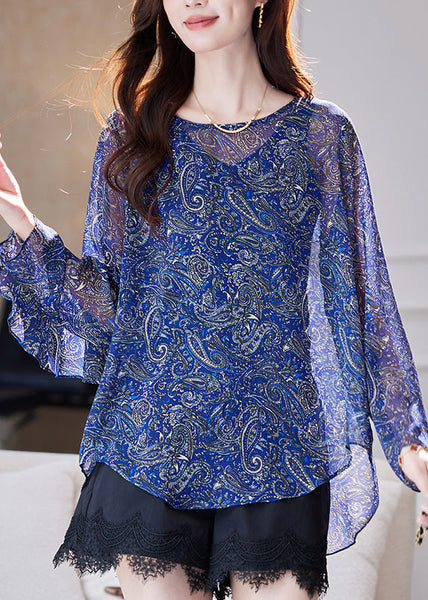 Summer Ruffled Patchwork Organic Blue Blouses Chiffon Print FashionChic